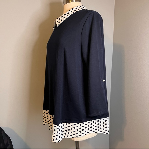 Faith and Joy by Monteau Size 2X Navy Roll Tab Polka Dot Blouse Top - Picture 5 of 12